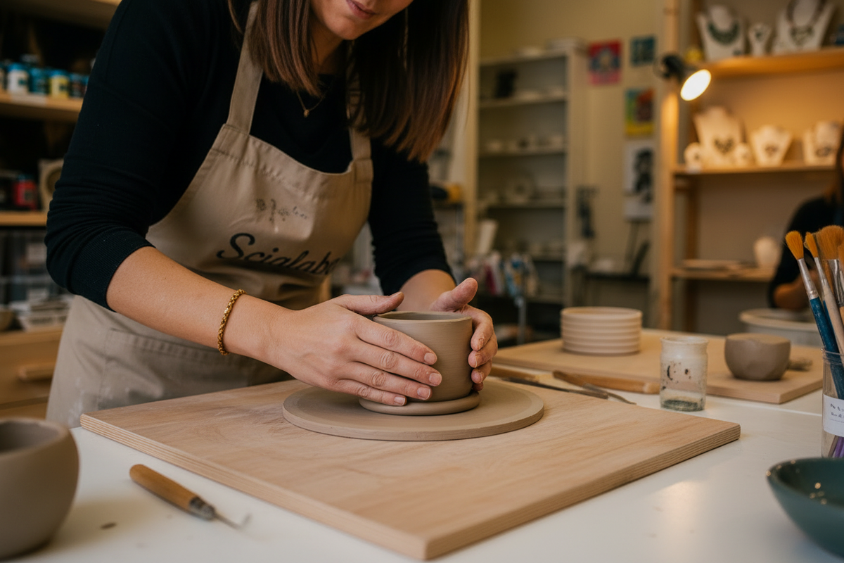 Mani che modellano la ceramica nel laboratorio Scialabà