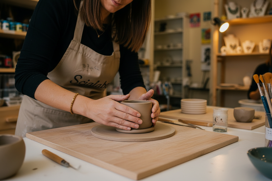 Mani che modellano la ceramica nel laboratorio Scialabà