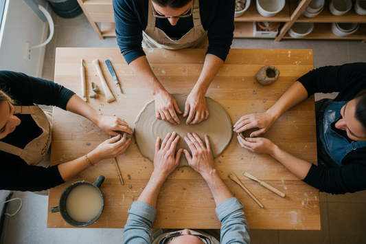 Mani di colleghi che lavorano insieme l'argilla durante un team building nel laboratorio Scialabà