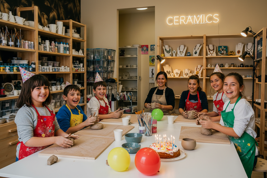 Bambini che lavorano l'argilla durante un compleanno creativo nel laboratorio Scialabà