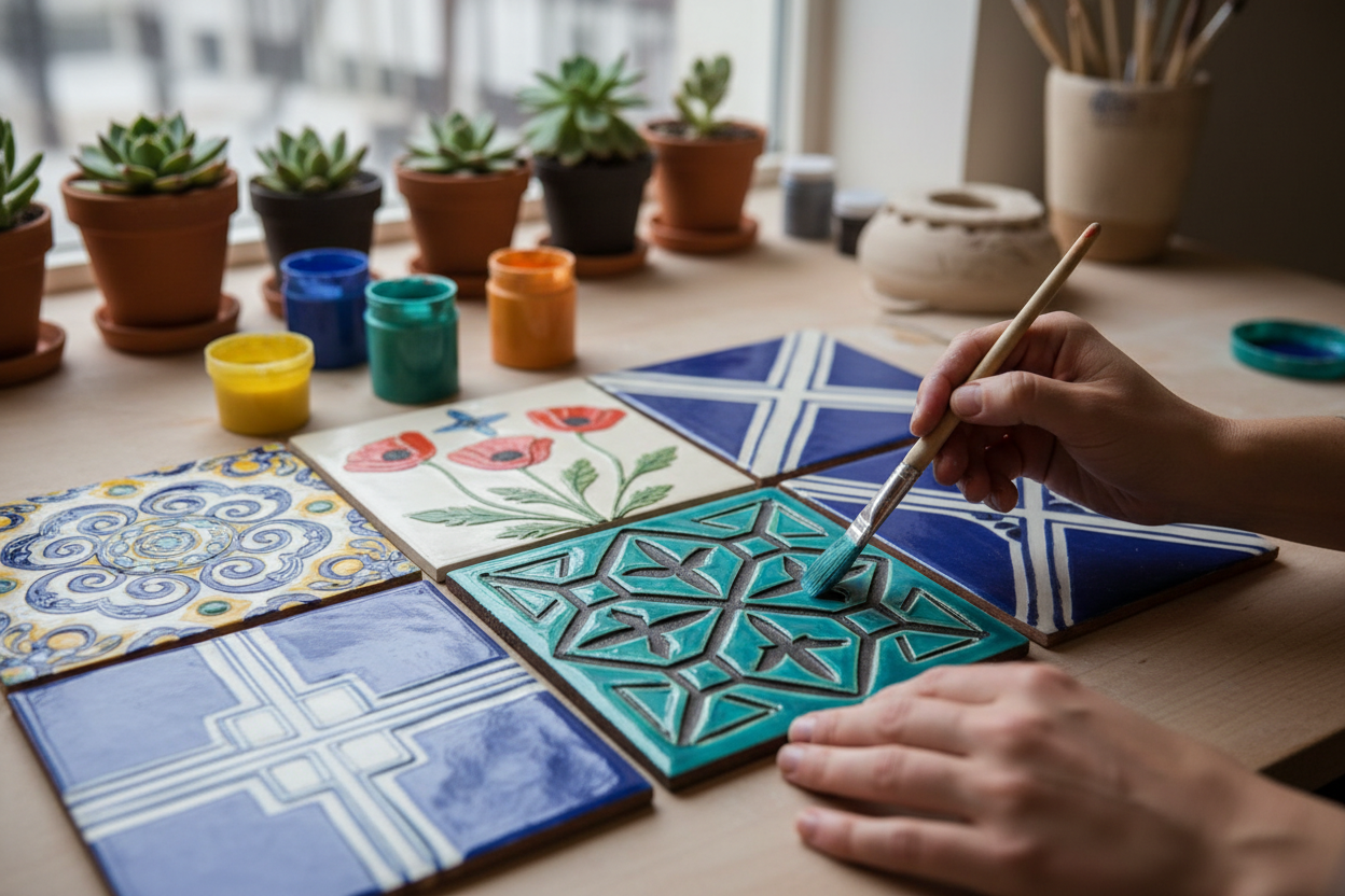 Decorazione ceramica con tecnica Cuerda Seca e stile scandinavo