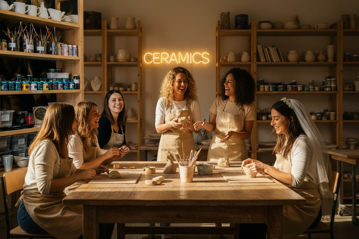 Gruppo di donne che festeggiano un addio al nubilato lavorando la ceramica nel laboratorio Scialabà
